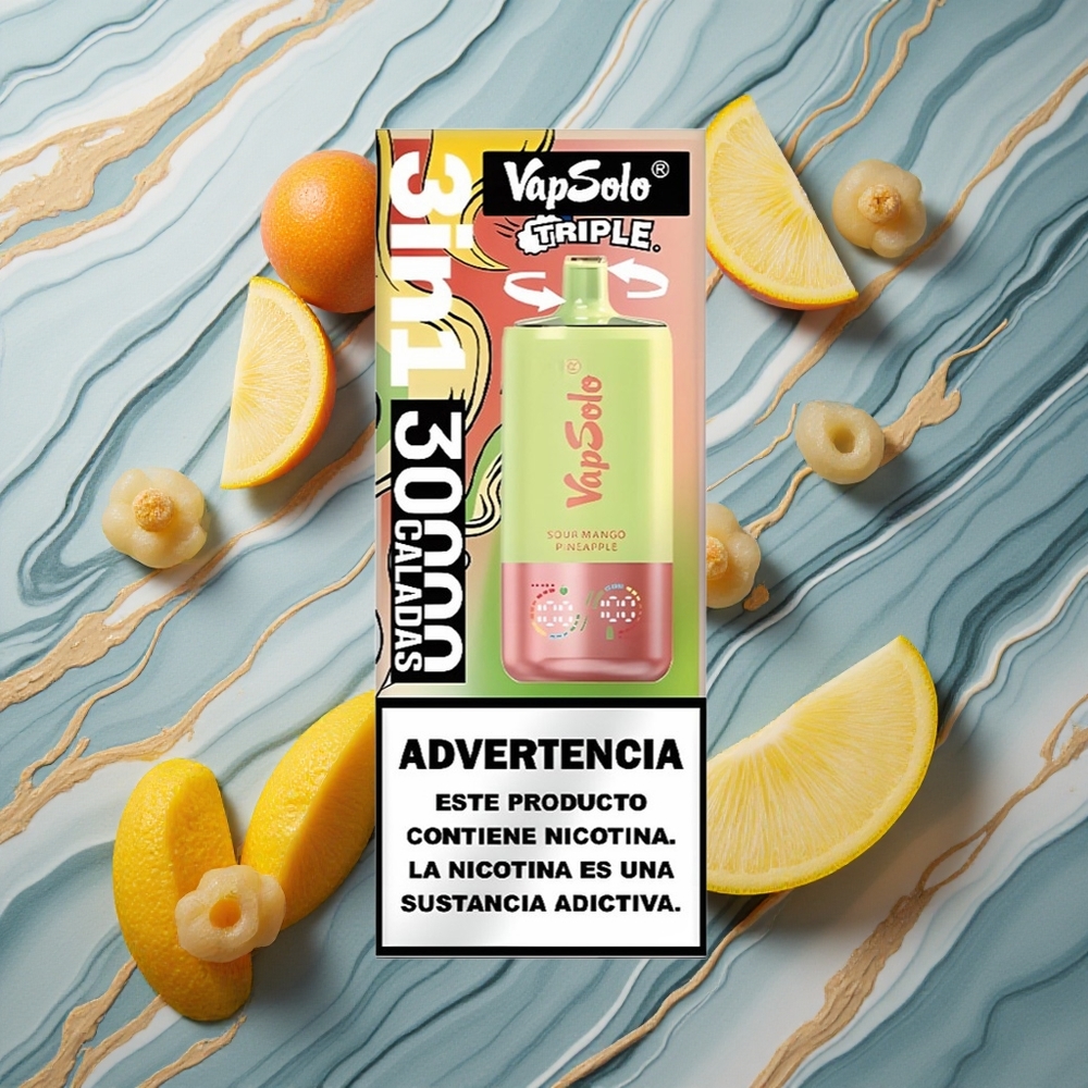 VapSolo Triple 30000 Puffs Skābā Mango Ananāsu Latvija vape