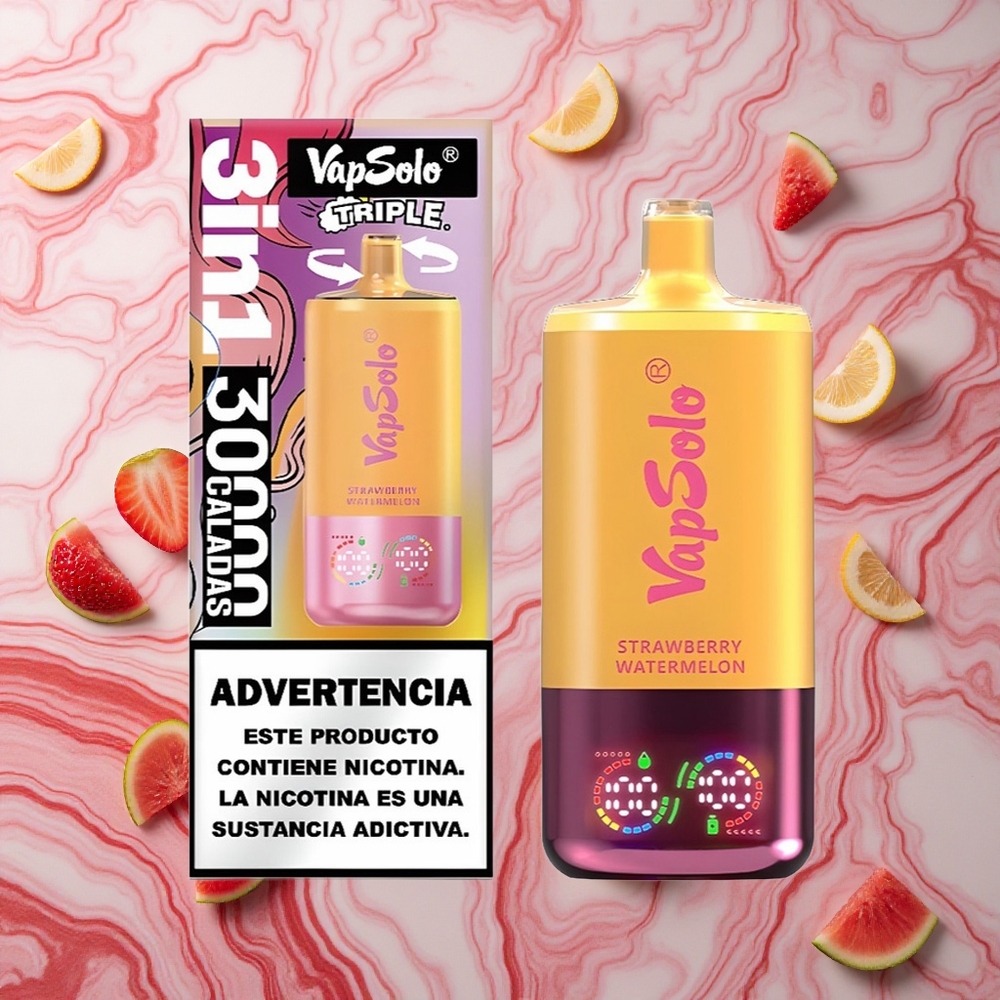 VapSolo Triple 30000 Puffs Zemenes Arbūzs & Citronu Persiks 40ml Latvija vape