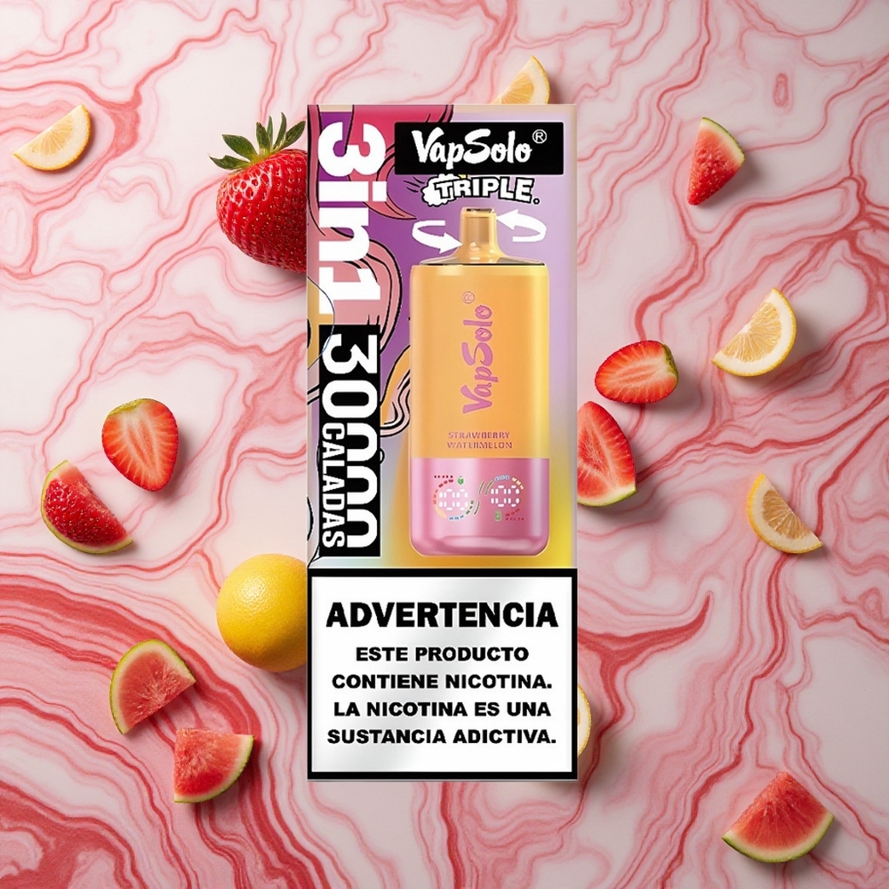 VapSolo Triple 30000 Puffs Zemenes Arbūzs & Citronu Persiks 40ml Latvija vape